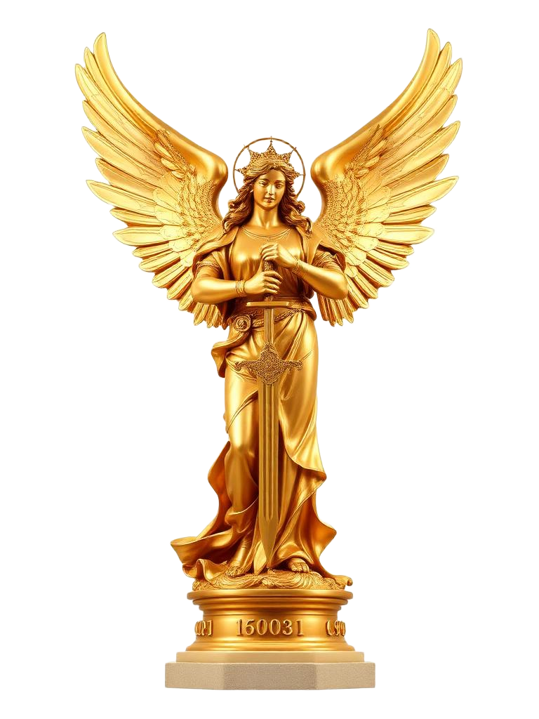Anjo dourado em pose de bênção, simbolizando proteção espiritual e luz celestial